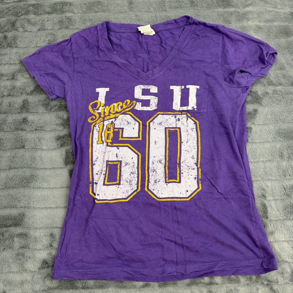 Camp David LSU Tigers Purple V-Neck Graphic Pocket T-Shirt Womens Large